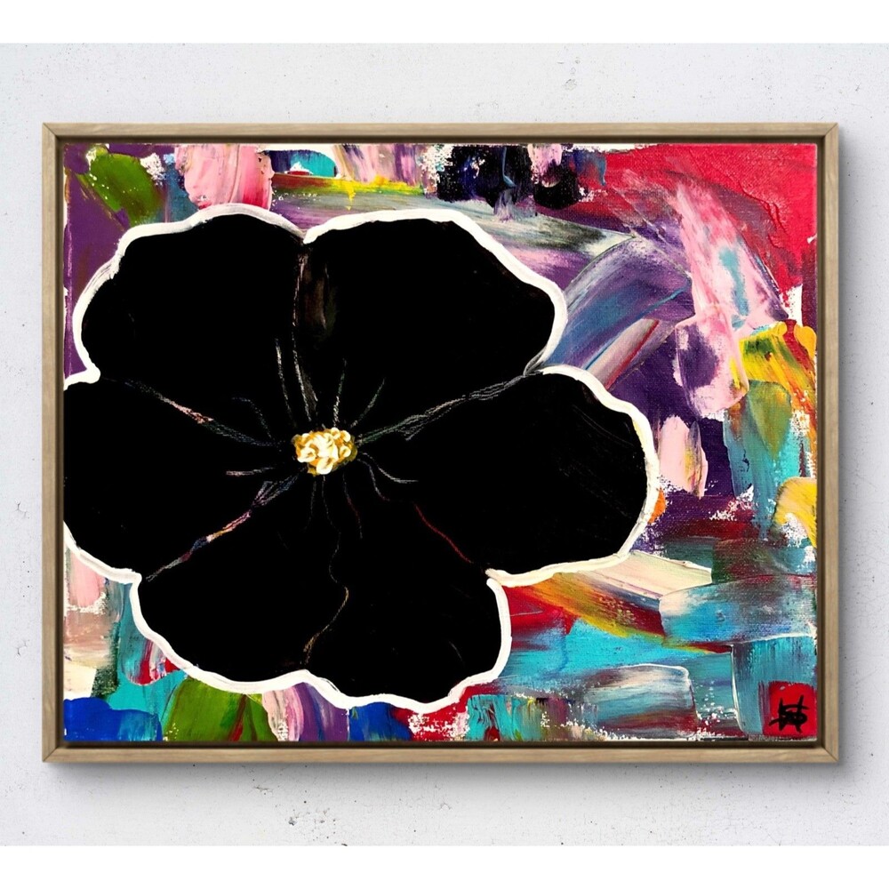 WS original black flower hand painted 14X11 canvas acrylic abstract modern art